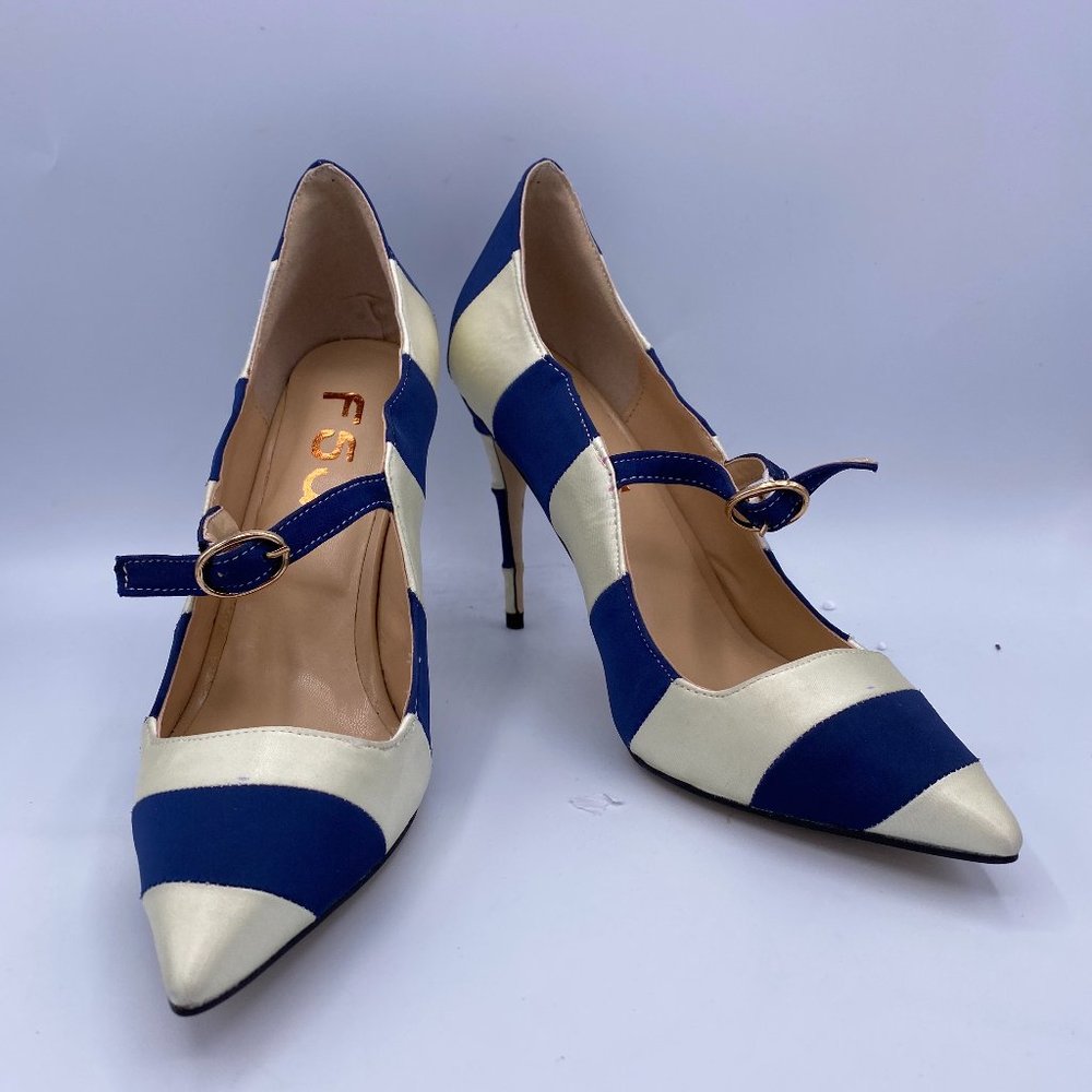 FSJ White and Blue Striples Pointy Toe Stilettos